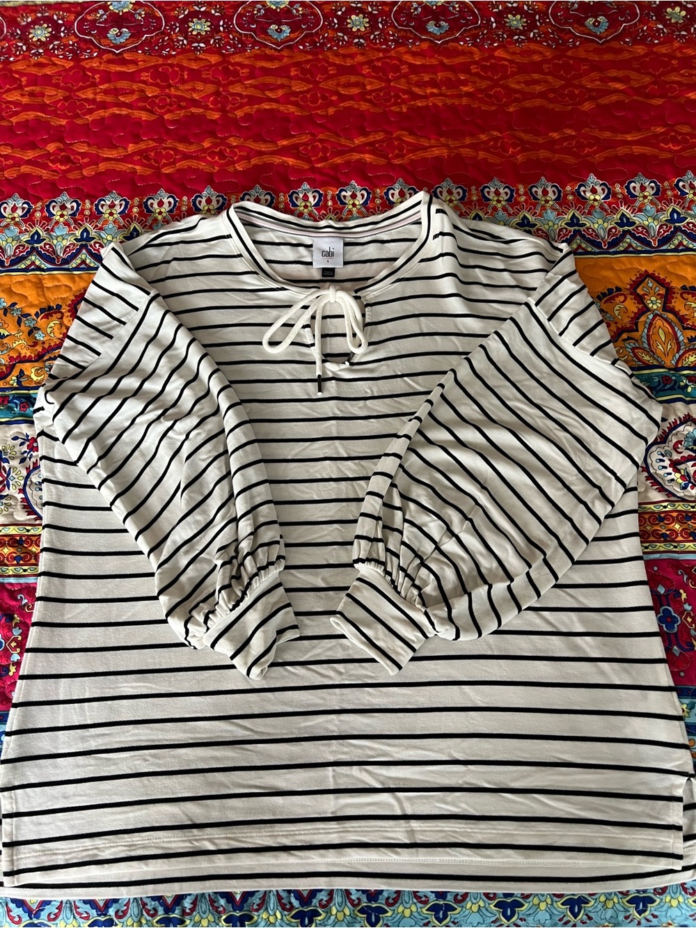 CAbi White and Black Striped Tie-Neck Pullover